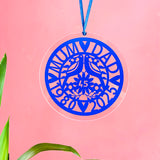 Sapphire blue acrylic anniversary decoration featuring “Mum & Dad,” two lovebirds, floral details, and the years 1980–2025 with “45” in the center. This elegant cut-out ornament hangs on a blue ribbon against a soft pink background, making it a perfect 45th wedding anniversary keepsake or gift.