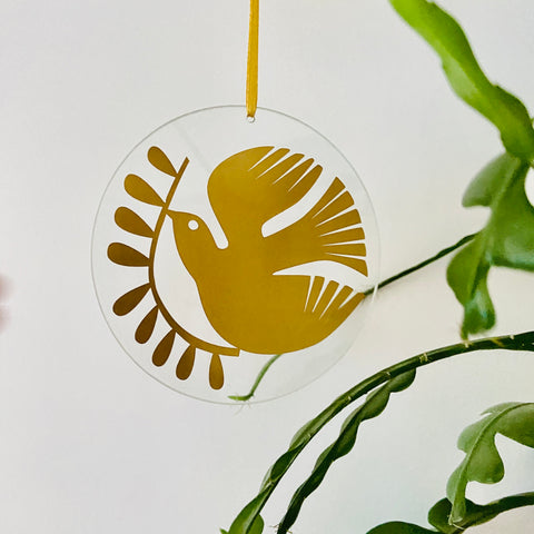 Bird with Leaves Glass Hanging